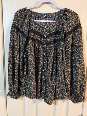 Old Navy Black Floral Button-Front Peasant Blouse with Pink and Green Accents